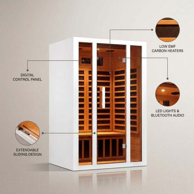 2 Person Extendable FAR Infrared Sauna for Home, Hemlock Wood Low EMF 6 Carbon Heaters Indoor Saunas with LED Lights, Bluetooth Speaker, Digital Control Panel, and Seating Bench — Lifestyle